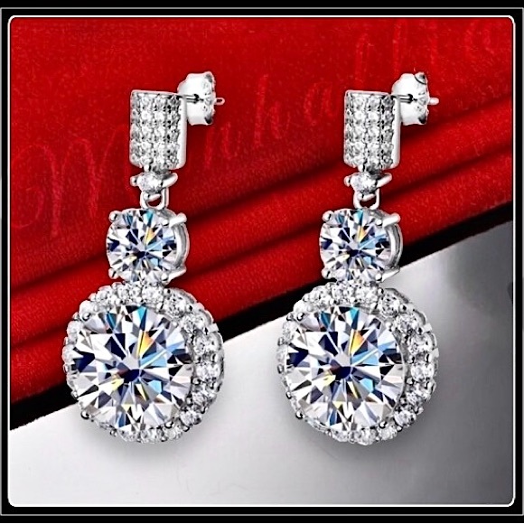 New 6CT Simulated Diamond Halo Silver Platinum Chandelier Earrings - Picture 1 of 7